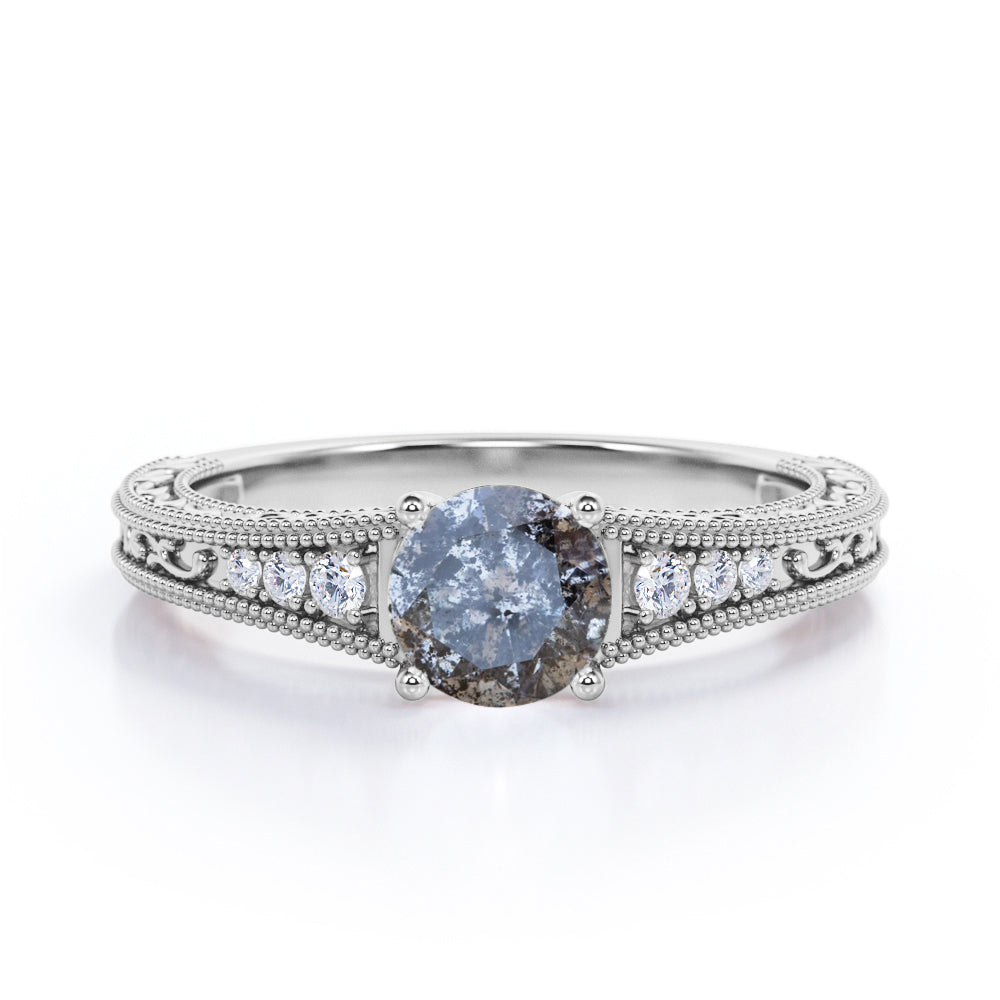 Vintage Scrollwork 0.65 carat Round cut Salt and pepper diamond and White diamond Milgrain engagement ring in Rose gold