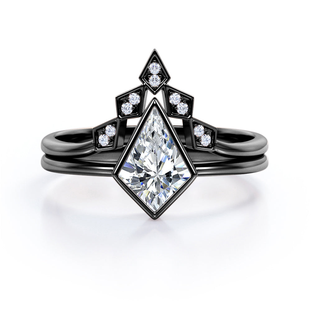 Kite Chevron 1.15 carat Moissanite and diamonds bezel wedding ring set for her in White gold