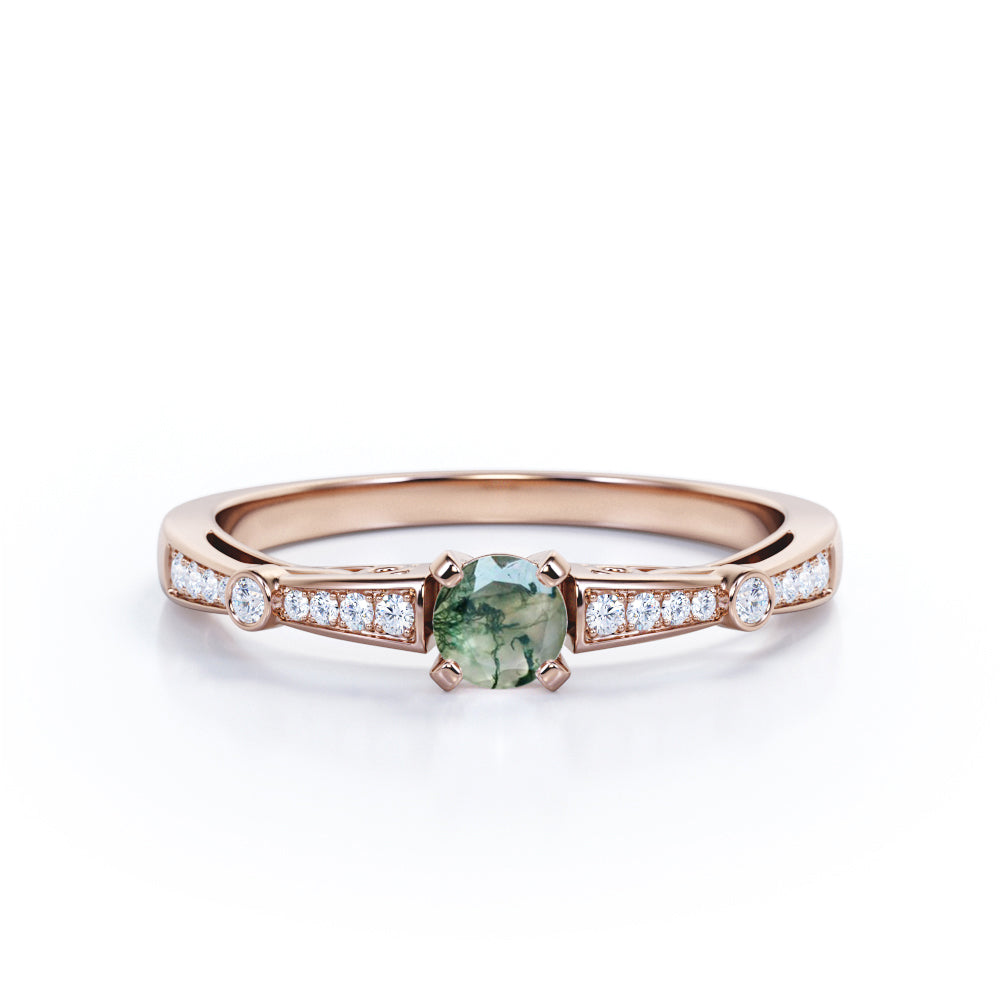 Baguette shank style 0.75 carat Round cut Moss Green Agate and diamond art deco engagement ring in White gold