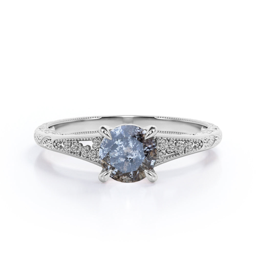 Floral Split Shank 0.5 carat Round cut Salt and pepper diamond earthy engagement ring in Rose gold
