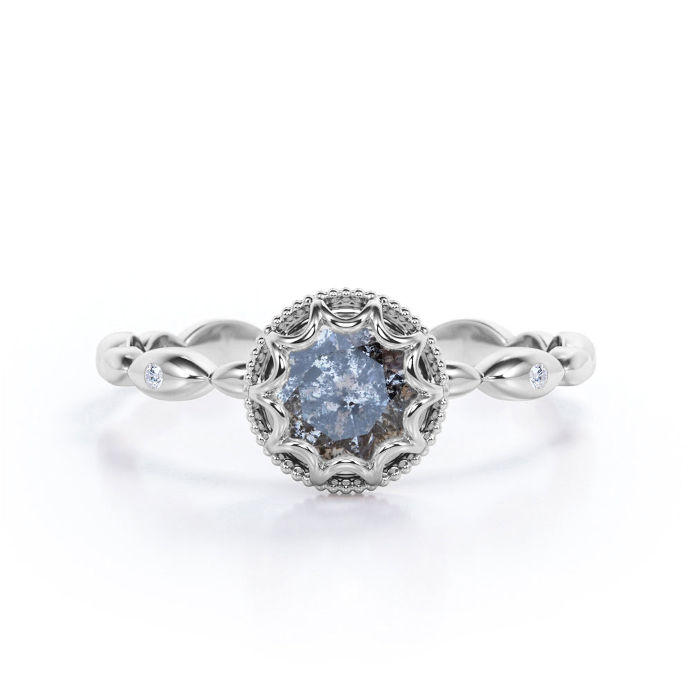 Scalloped Bead décor 0.5 carat Round cut Salt and pepper diamond marquise style engagement ring in Black gold