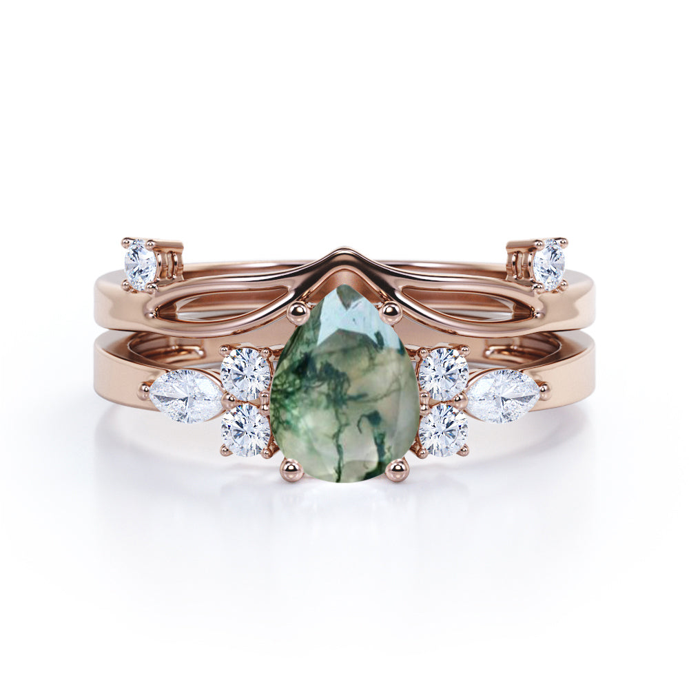 Beveled Chevron 1.25 carat Pear cut Moss Green Agate and diamond Split shank wedding ring set in Black gold