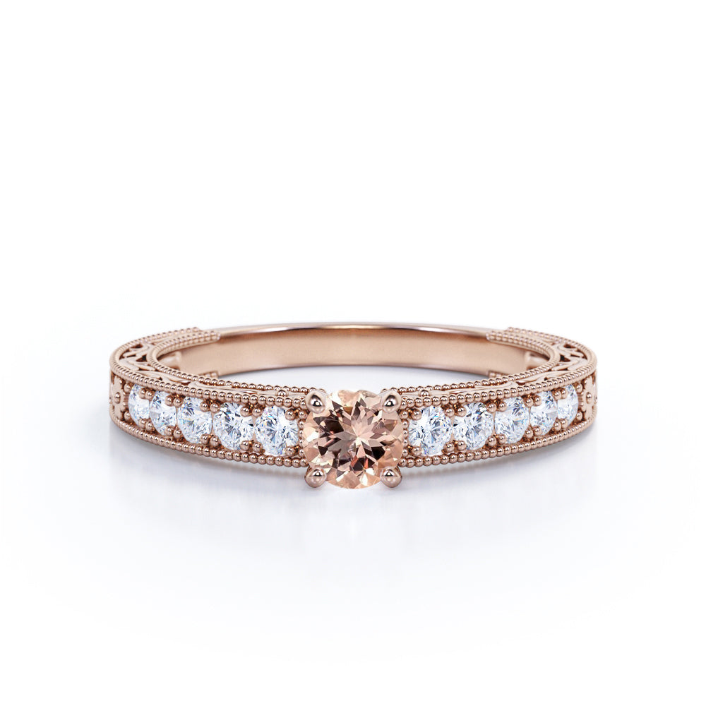 Art Nouveau style 0.75 carat Round cut Peach Morganite and diamond shared prong engagement ring in White gold