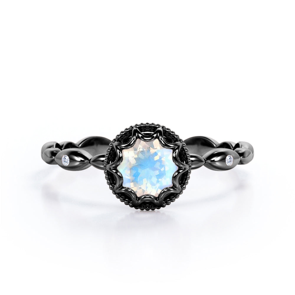 Flower Milgrain Halo 1 carat Round cut Blue Moonstone solitaire infinity engagement ring in White gold