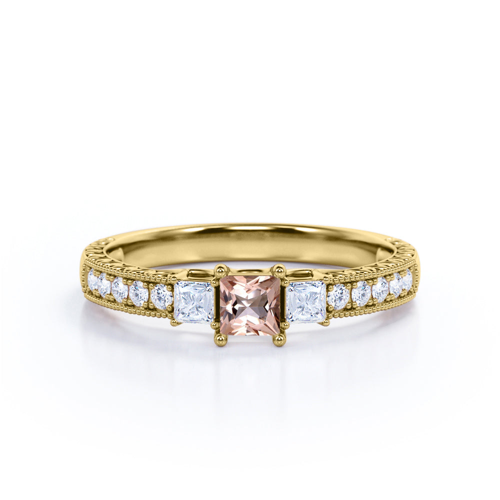 Petite Milgrain 0.75 carat Princess cut Morganite and diamond 3 stone engagement ring in White gold
