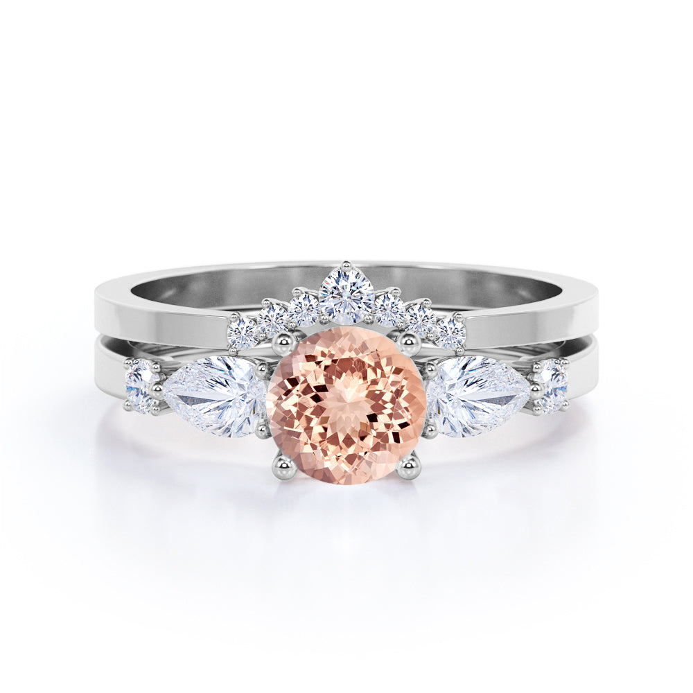 Modern Crown 1.35 carat Round cut Peach pink Morganite and diamond wedding ring set for her in Black gold