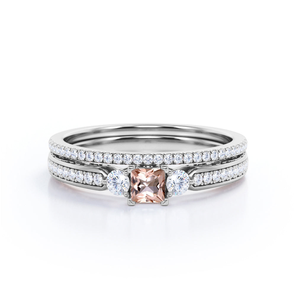 Antique trio 1 carat Princess cut Pink Morganite and pave diamonds eternity wedding ring set for her in Rose gold