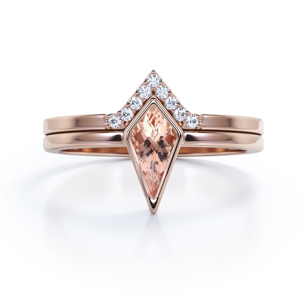 Bezel and tiara chevron 1.15 carat Kite shaped Morganite and diamond vintage Bridal set for women in White gold