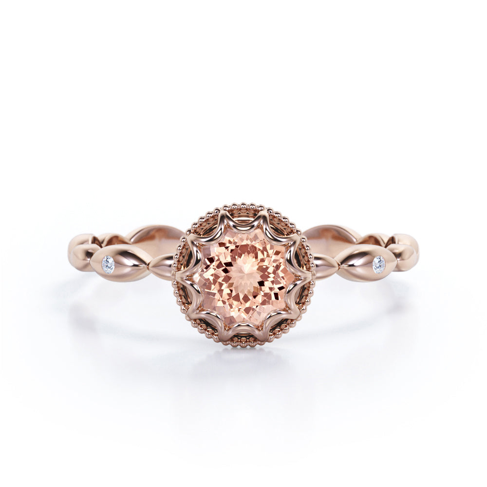 Floral Halo 1 carat Round cut Morganite and diamond scalloped Milgrain engagement ring in Black gold