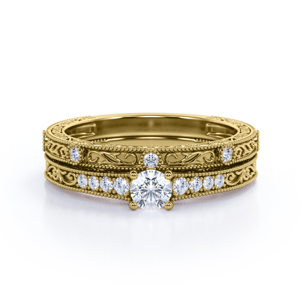 Authentic Victorian filigree 0.75 carat Round cut Moissanite and diamond Bridal set in White gold