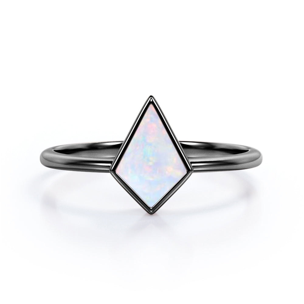 Solitaire Bezel 1 carat Kite shaped Ethiopian Welo Opal tapered shank engagement ring in Rose gold