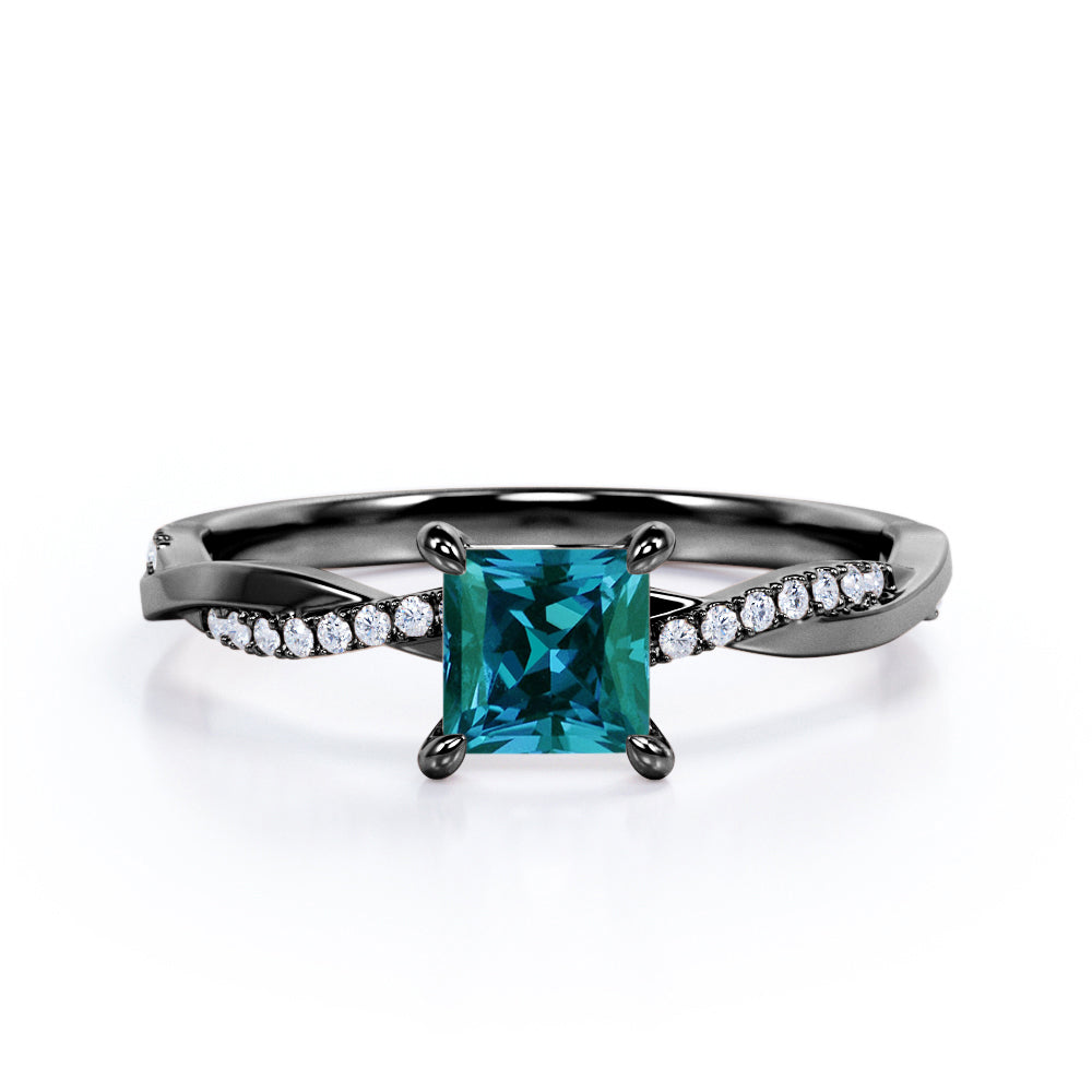 Infinity twist 1.2 carat Princess cut Synthetic Alexandrite and diamond contemporary engagement ring in Rose gold