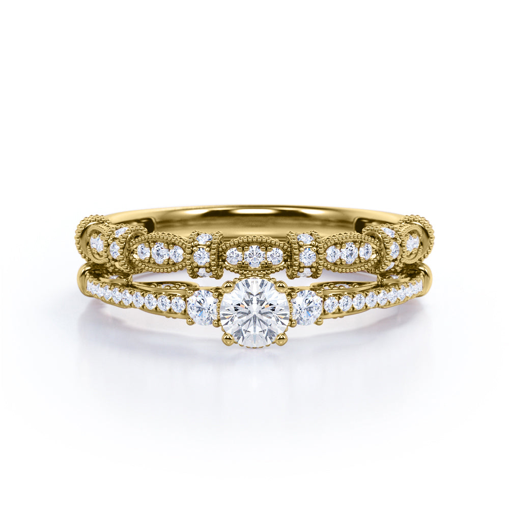 Classic three stone 1 carat Round cut Moissanite and diamond vintage milgrain wedding ring set in Rose gold