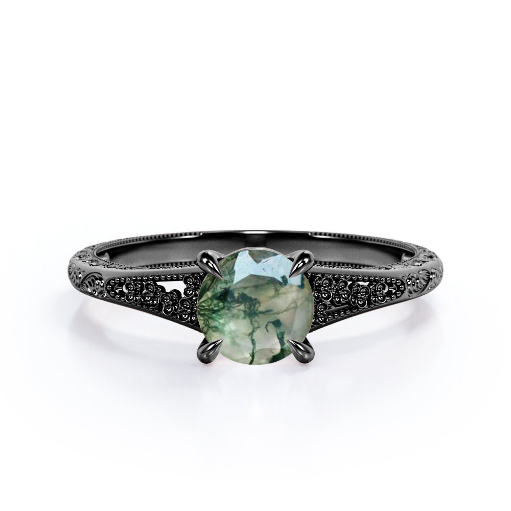 Milgrain Split Shank 1 carat Round cut Moss Green Agate-floral filigree-nature inspired engagement ring in Rose gold