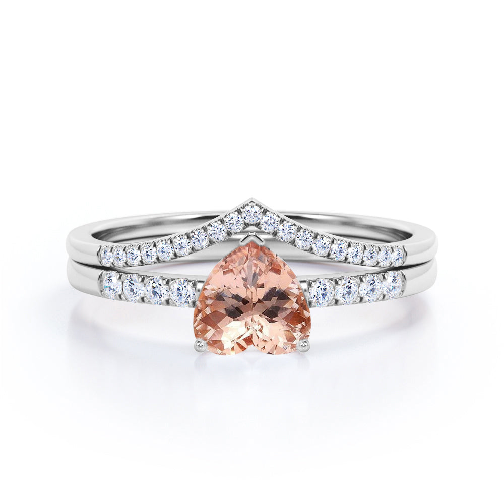 Exquisite Chevron 1.45 carat Heart shaped Morganite and diamond vintage wedding ring set in Black gold