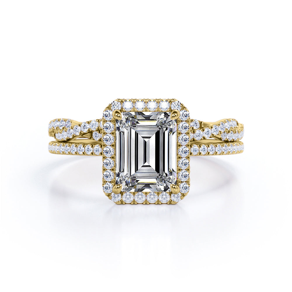 Unique pave set 1.7 carat Emerald cut Moissanite and diamond Halo wedding ring set in white gold