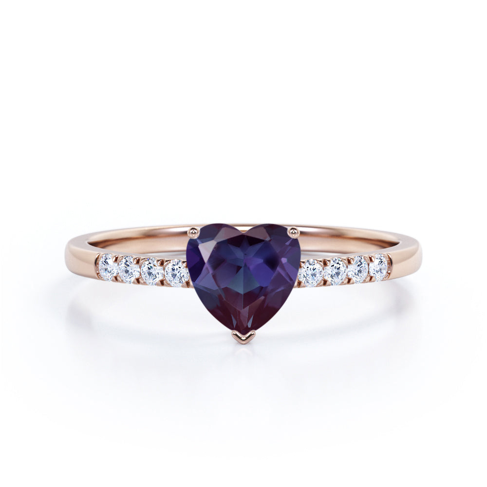 Romantic Pave 1.2 carat Heart shaped Alexandrite and diamond art deco inspired engagement ring in Black gold