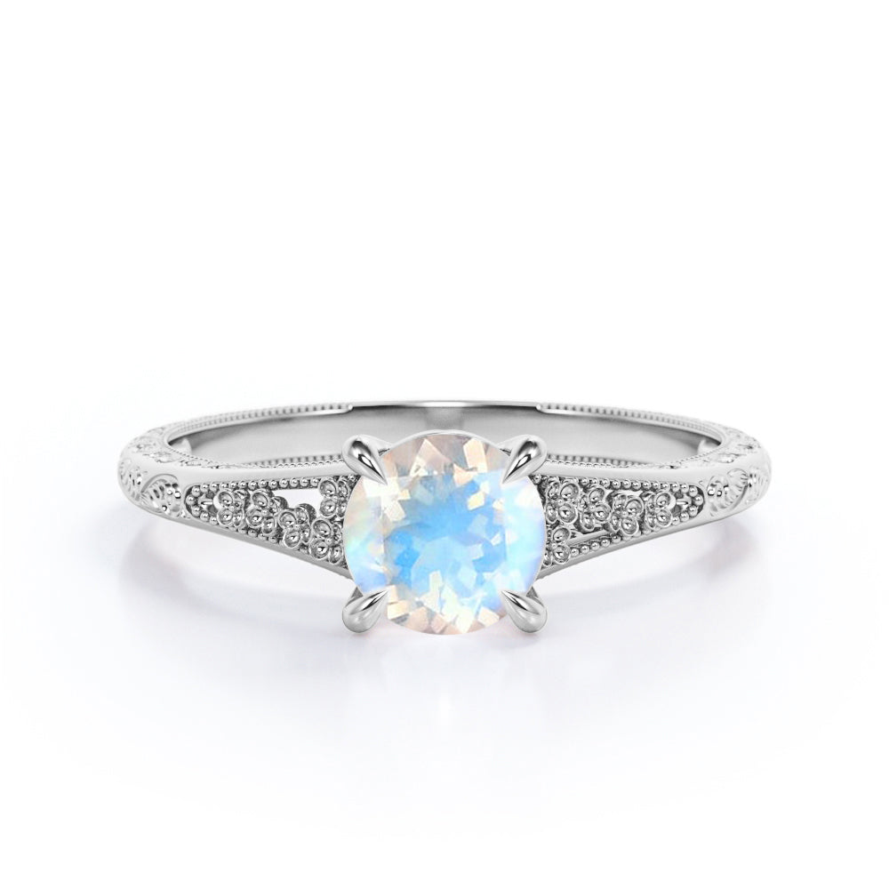 Solitaire 1 carat Round cut Moonstone claw prong setting-filigree split shank engagement ring in Rose gold