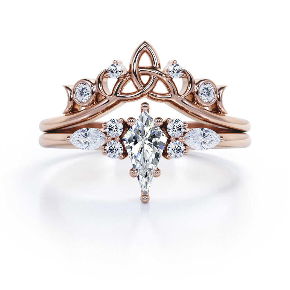 Triad Crown 1.25 carat Kite shaped Moissanite and diamond wedding ring set in rose gold
