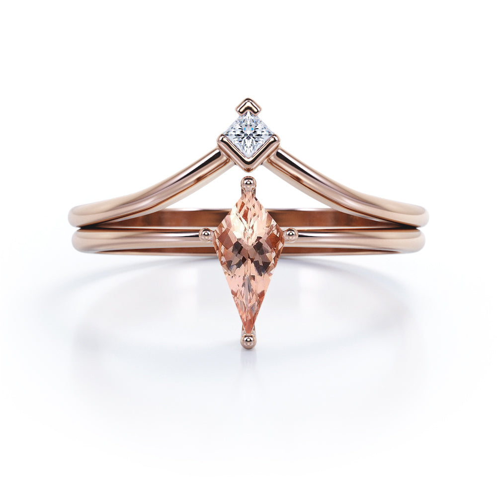 Double Layered 1 carat Kite shaped Morganite and diamond pointed chevron wedding ring set in Black gold