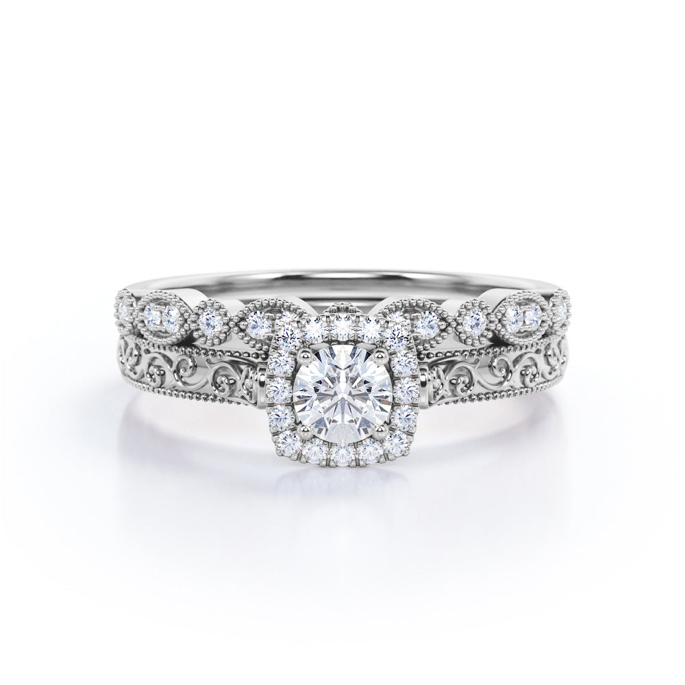 Art deco Filigree 0.75 carat Round cut Moissanite and diamond milgrain and halo Bridal set in Rose gold
