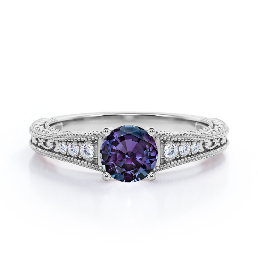 Antique art nouveau 1.1 carat Round cut Synthetic Alexandrite and diamond engagement ring in Rose gold