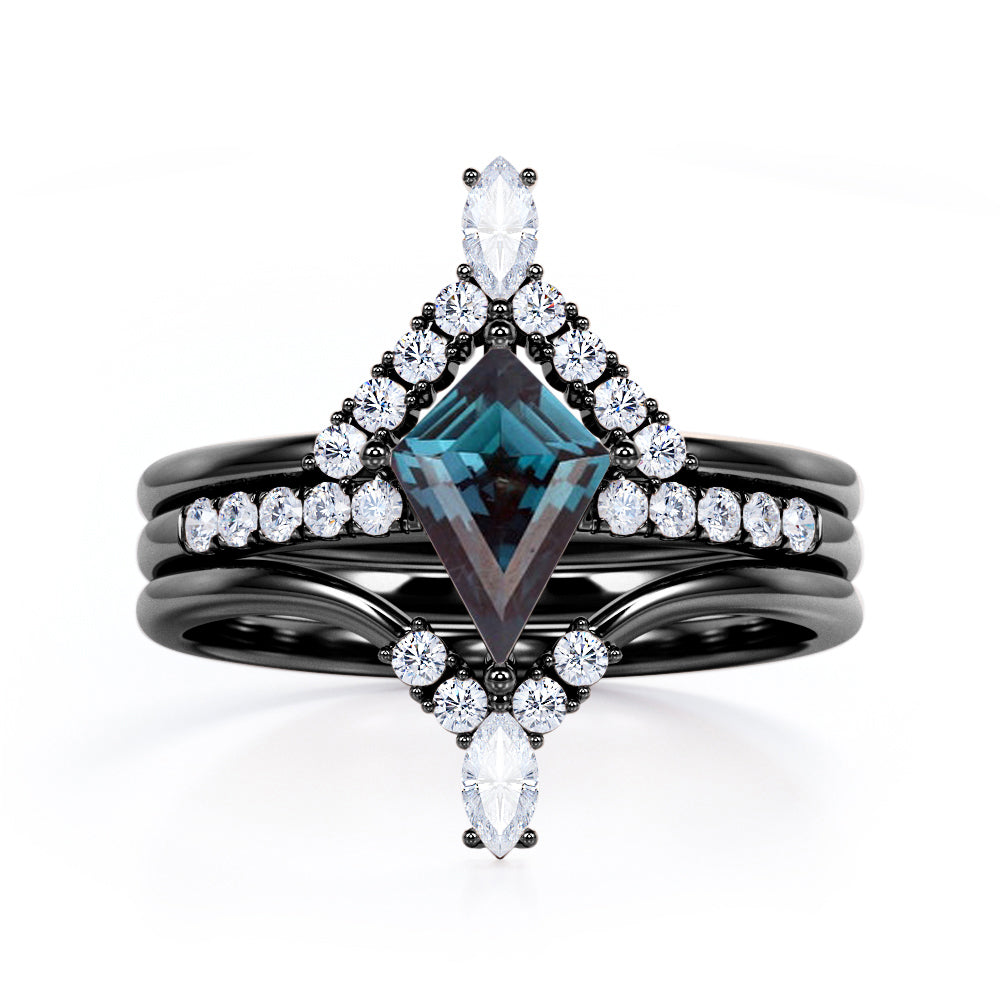 Tiara Chevron 1.35 carat Kite shaped Lab created Alexandrite and diamond trio wedding ring set in White gold