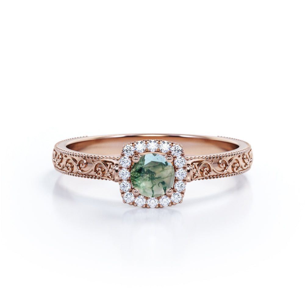 Vintage Victorian style 0.7 carat Round cut Moss green Agate and diamond milgrain halo engagement ring in White gold