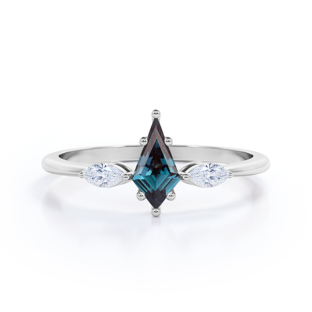 Unique trilogy 1.1 carat Kite shaped Lab created Alexandrite and diamond 6 prong engagement ring in Rose gold