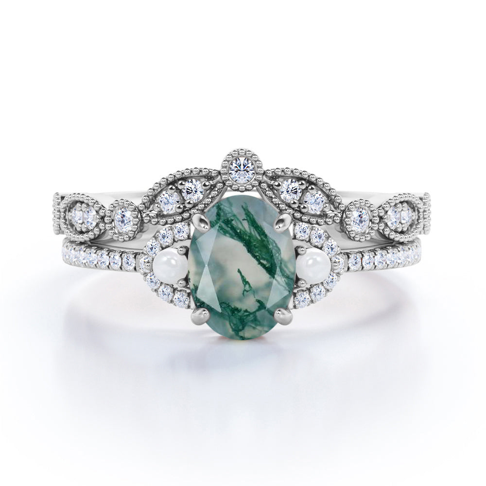 Victorian style Milgrain 1.55 carat Oval cut Moss Green Agate, diamond and pearl art nouveau Bridal set for women in Rose gold