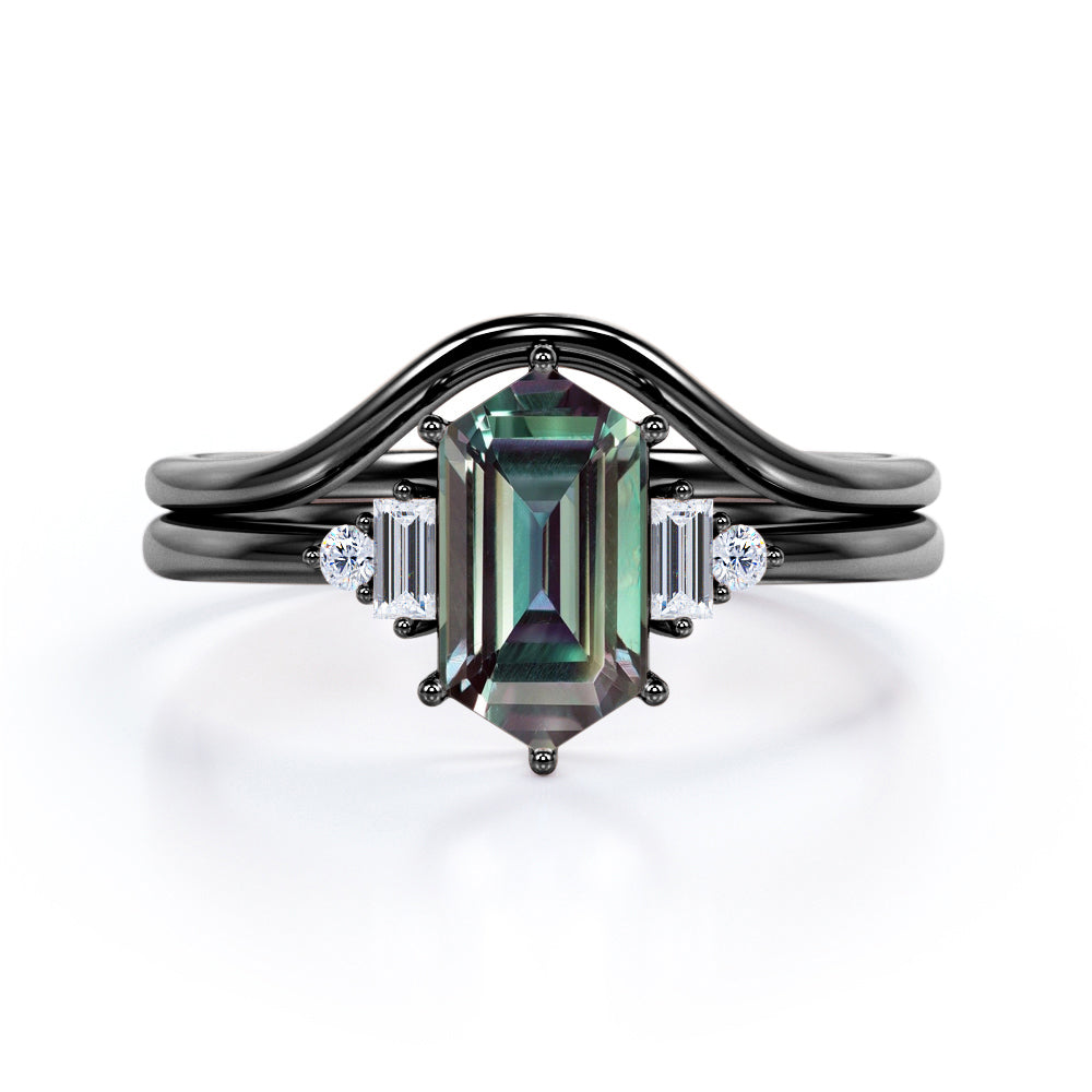 Artistic Prong 1.1 carat Hexagon shaped Alexandrite and diamond plain contoured bridal set in Rose gold