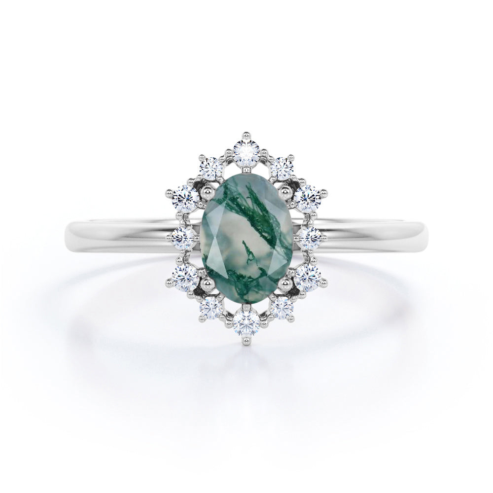 Snowflake Cluster 1.2 carat Oval shaped Moss Green Agate and diamond halo engagement ring in Rose gold