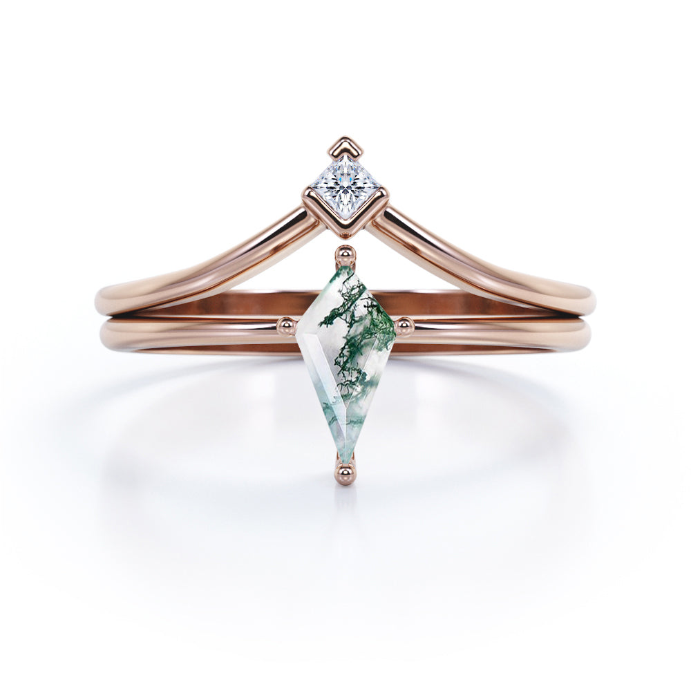 Classic 2 stone 1 carat Kite shaped Moss Green Agate and diamond contoured wedding ring set in White gold
