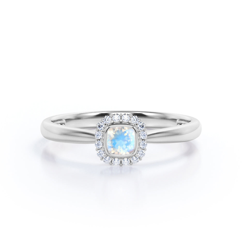 Tapered halo Cushion Cut 0.75 carat Moonstone and diamond engagement ring in Rose gold