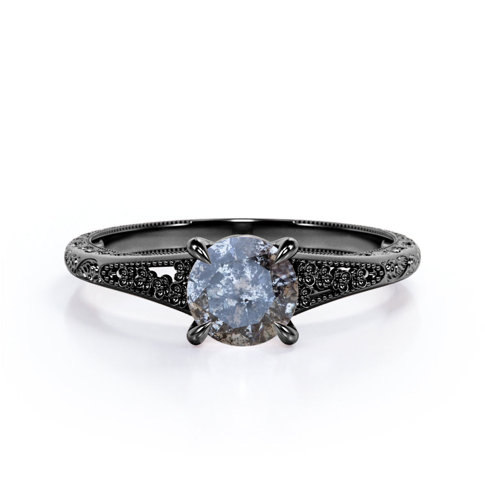 Floral Split Shank 0.5 carat Round cut Salt and pepper diamond earthy engagement ring in Rose gold