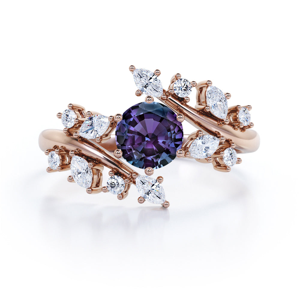 Art Nouveau 1.25 carat Round cut Alexandrite and diamond floral inspired engagement ring in White gold