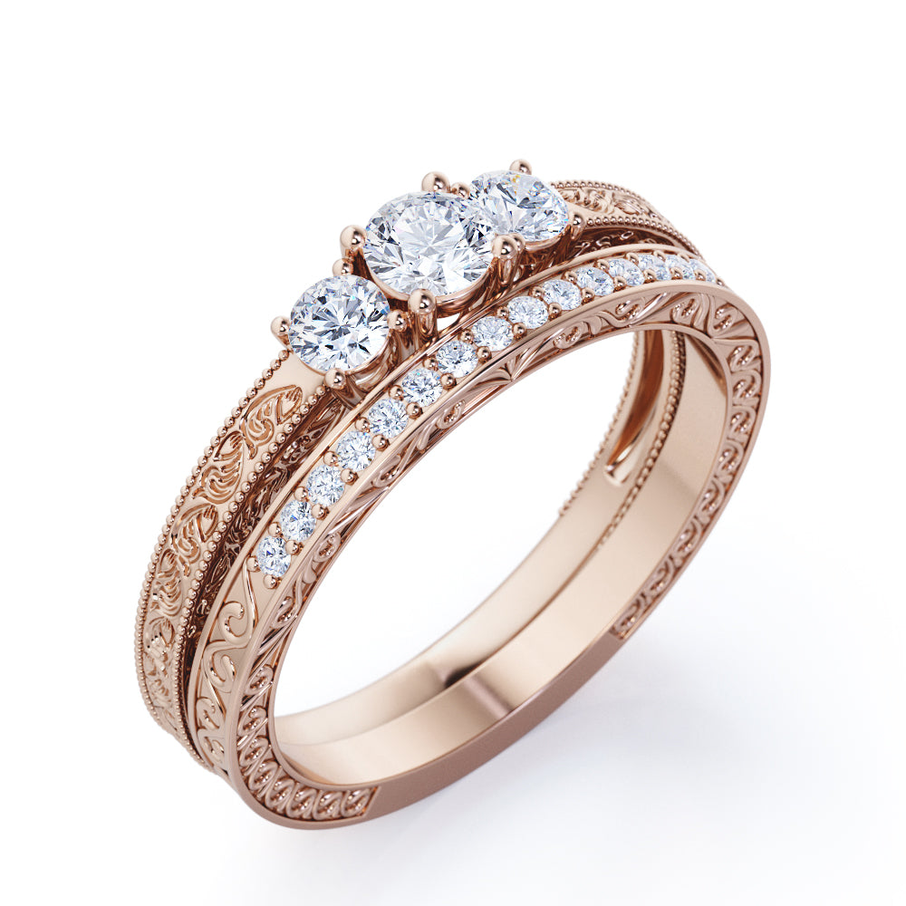 Trio stone 1.20 carat Round cut Moissanite and diamond Milgrain and Filigree Art deco wedding ring set in White gold