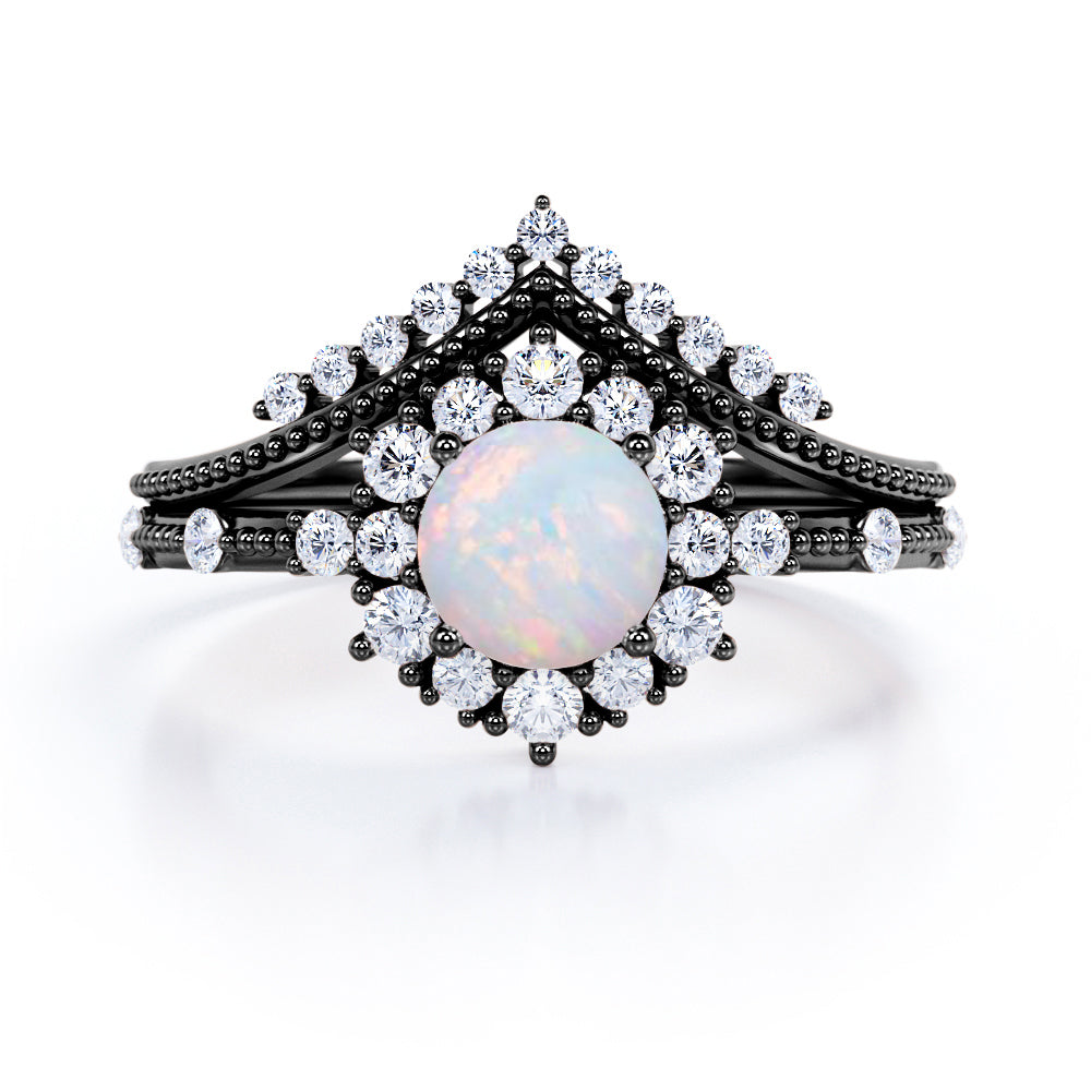 Engraved Chevron 1.35 carat Round cut Ethiopian Opal and diamond vintage halo wedding ring set for women in White gold