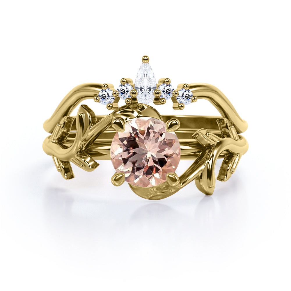 Chevron Tiara 1.1 carat Round cut Peach Morganite and diamond nature inspired wedding ring set for women in White gold