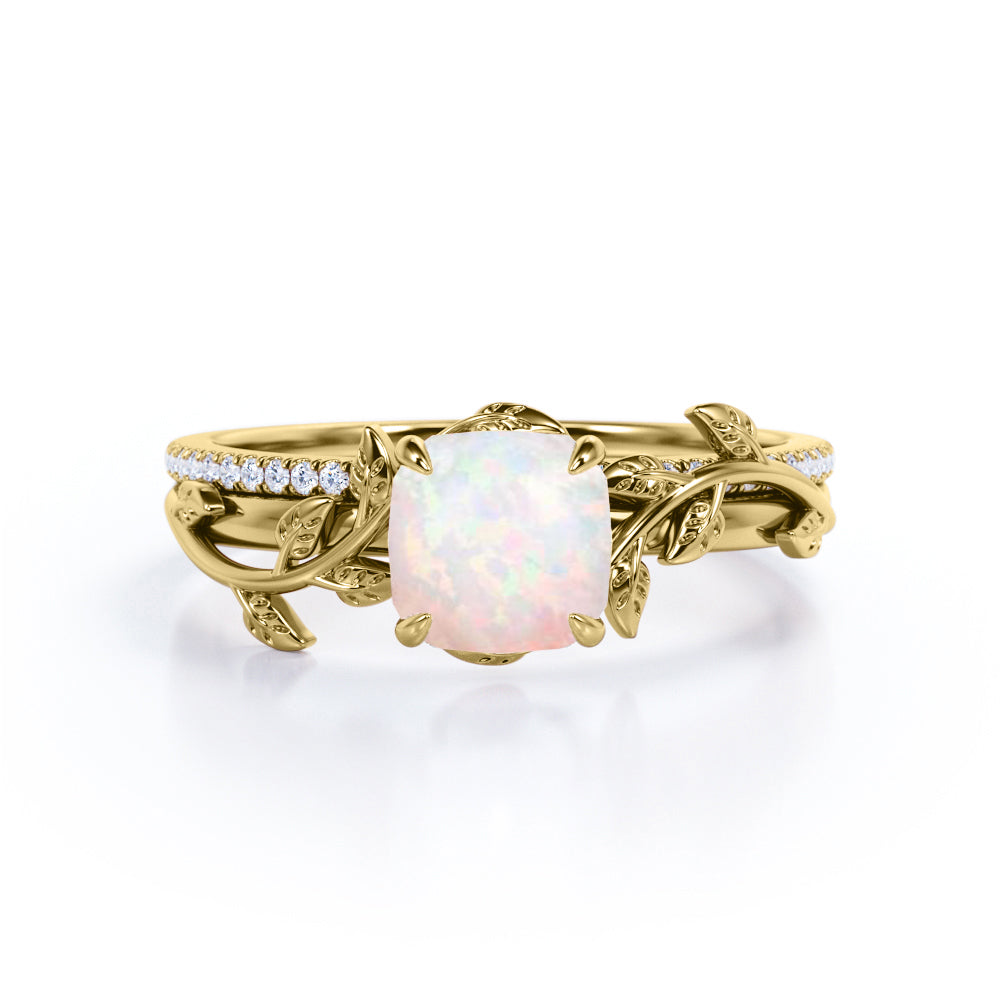 Dainty Vine 1 carat Cushion shaped Fire Opal and diamond wedding Bridal ring set for women