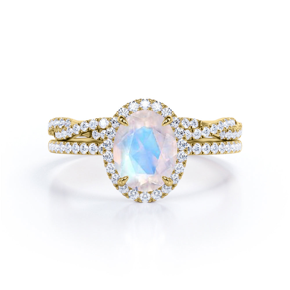Vintage Halo 1.75 carat Oval cut Moonstone Promise ring and diamond infinity wedding ring band- Bridal set in White gold