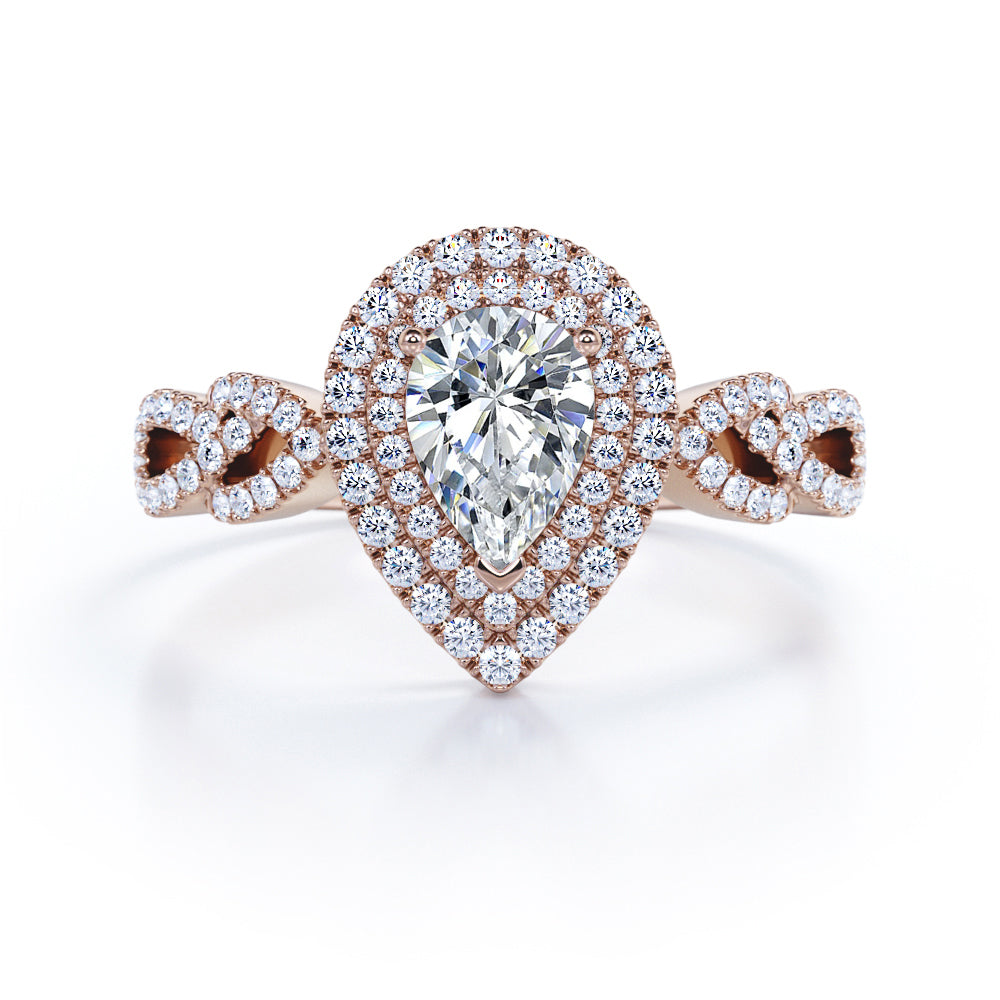 Artistic infinity 1.75 carat Pear cut Moissanite and diamond vintage halo engagement ring in Black gold