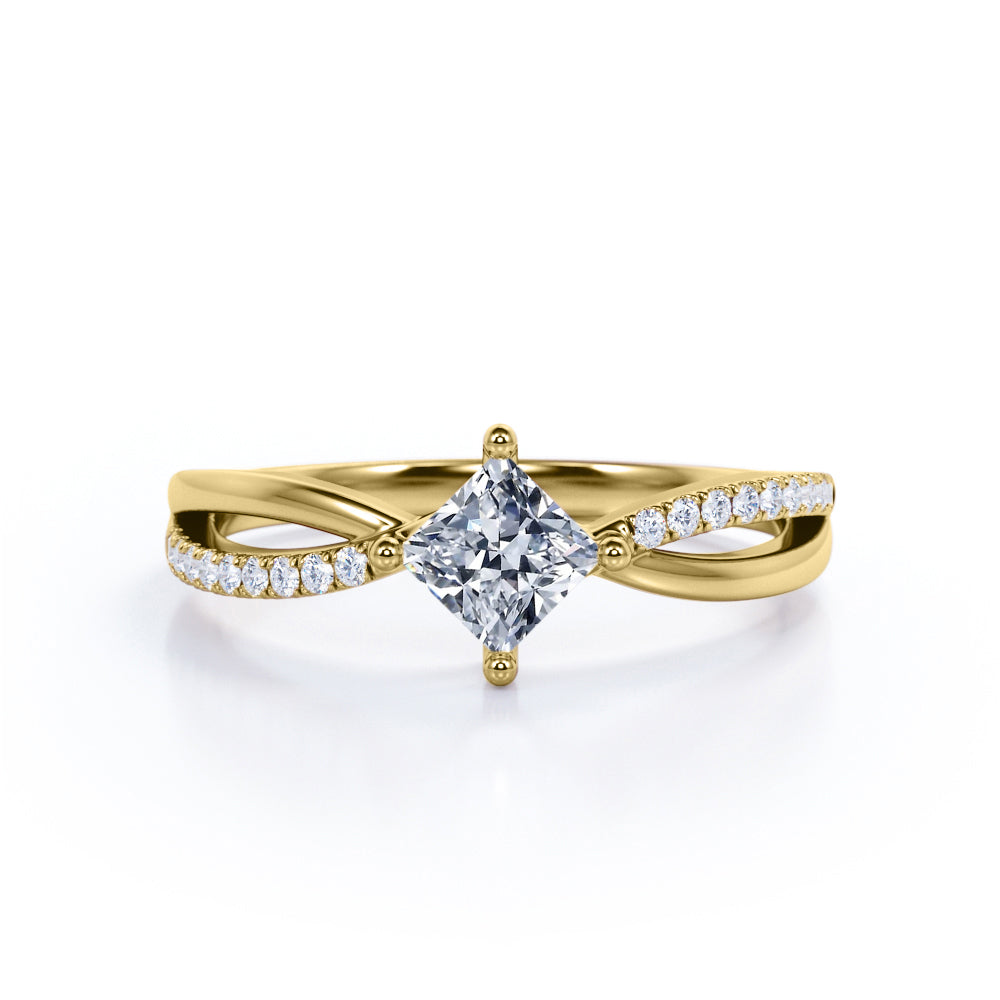 Modern 1.15 carat Princess cut Moissanite and diamond-compass four prong-split shank engagement ring for women