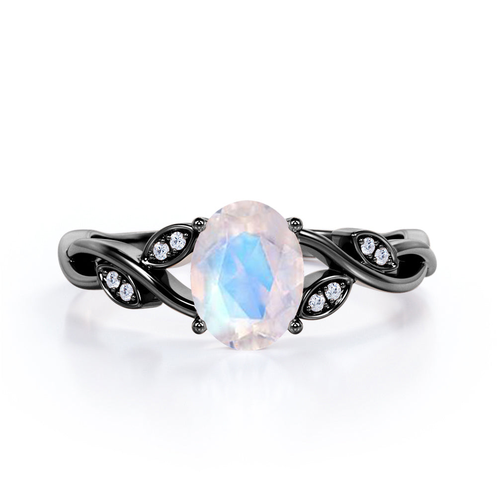 Twisted Vine 1.15 carat Oval cut Rainbow Moonstone and diamond forest inspired engagement ring in Rose gold
