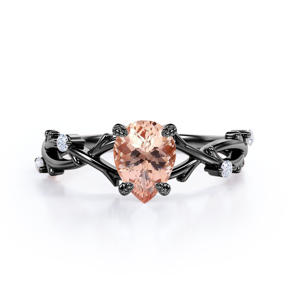 Delicate Twig and Vine 1.1 carat Pear Shaped Morganite and diamond forest ring-earthy engagement ring in White gold