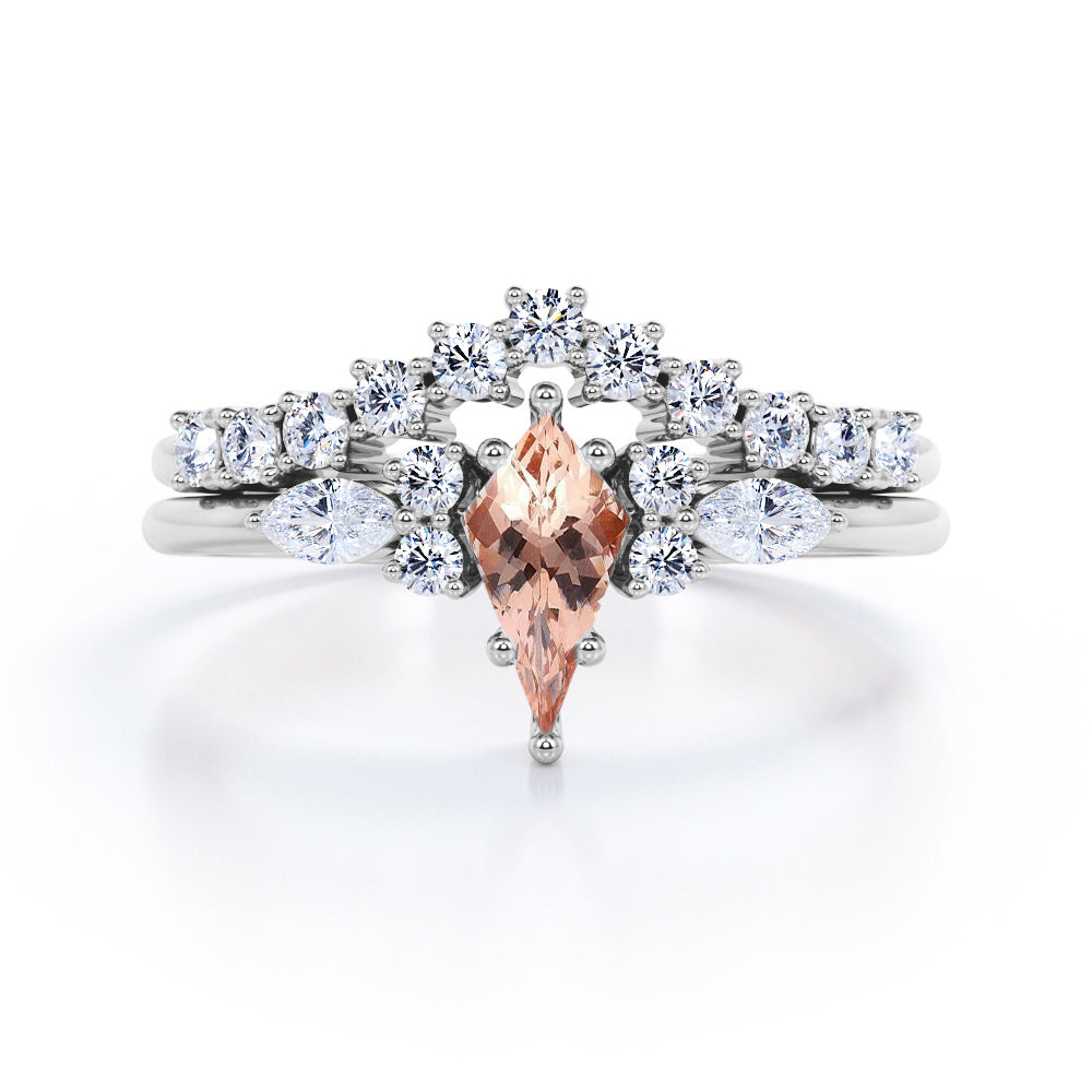 Garland Chevron 1.45 carat Kite shaped Peach Morganite and diamond 6 prong Bridal wedding ring set for women in Yellow gold