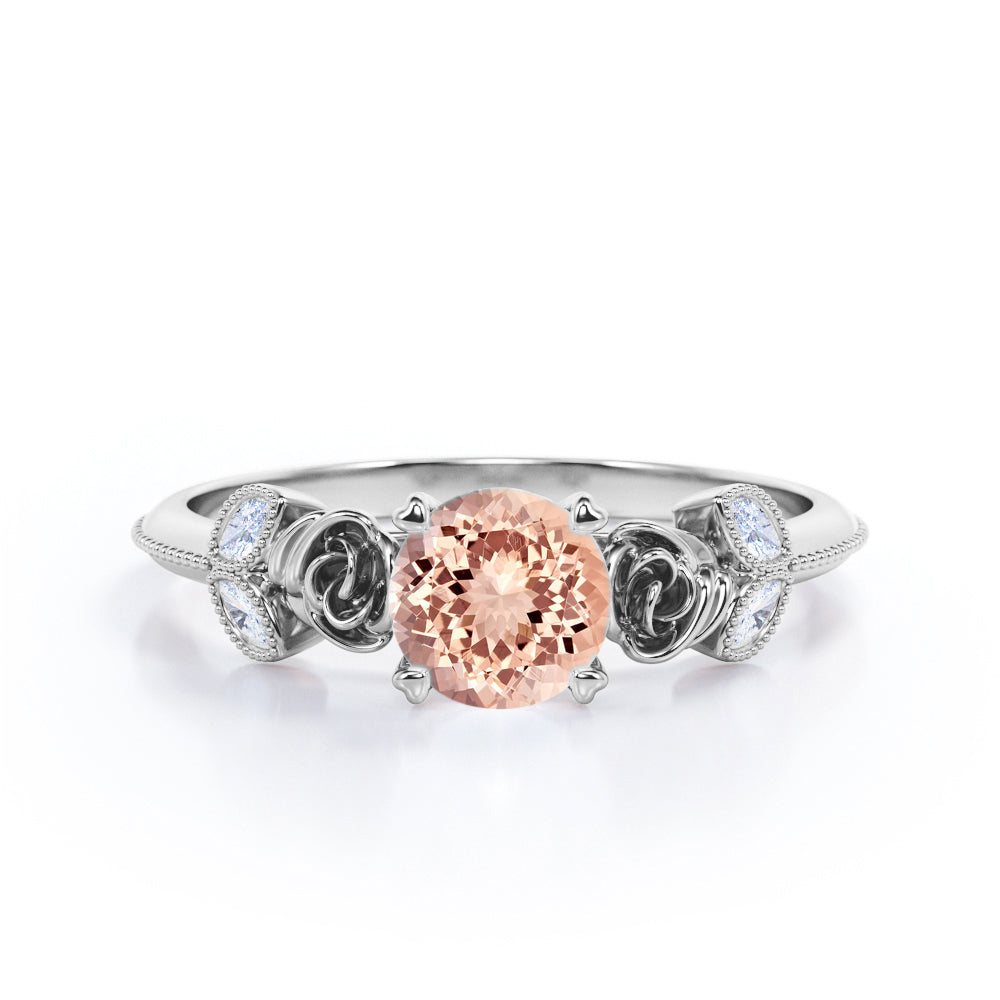 Romantic Roses 1.1 carat Round cut Morganite and diamond marquise milgrain engagement ring in Black gold