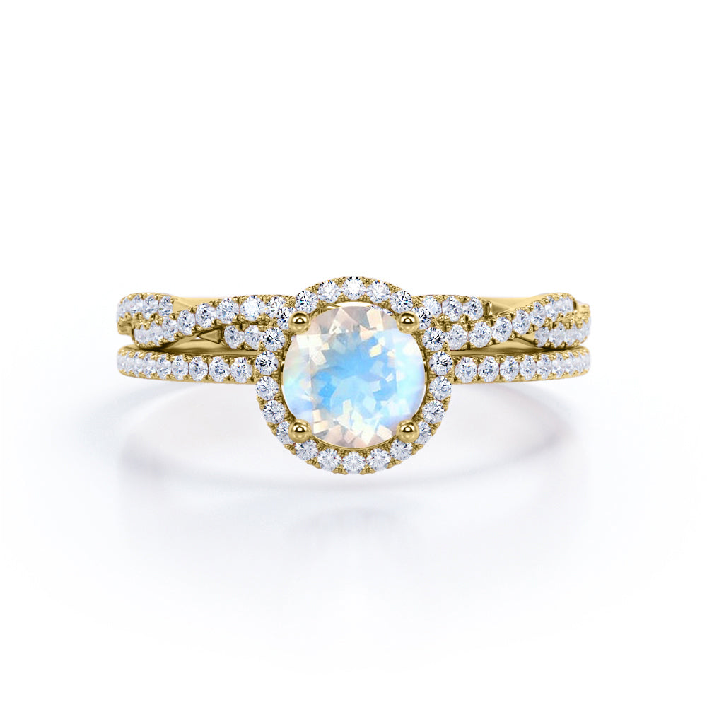 Unique Halo 1.7 carat Round cut Moonstone and diamond Vintage art deco Bridal set for her