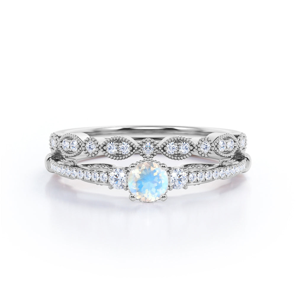Traditional Eternity setting 1 carat Round cut Rainbow Moonstone and diamond three stone wedding ring set for women in Yellow gold