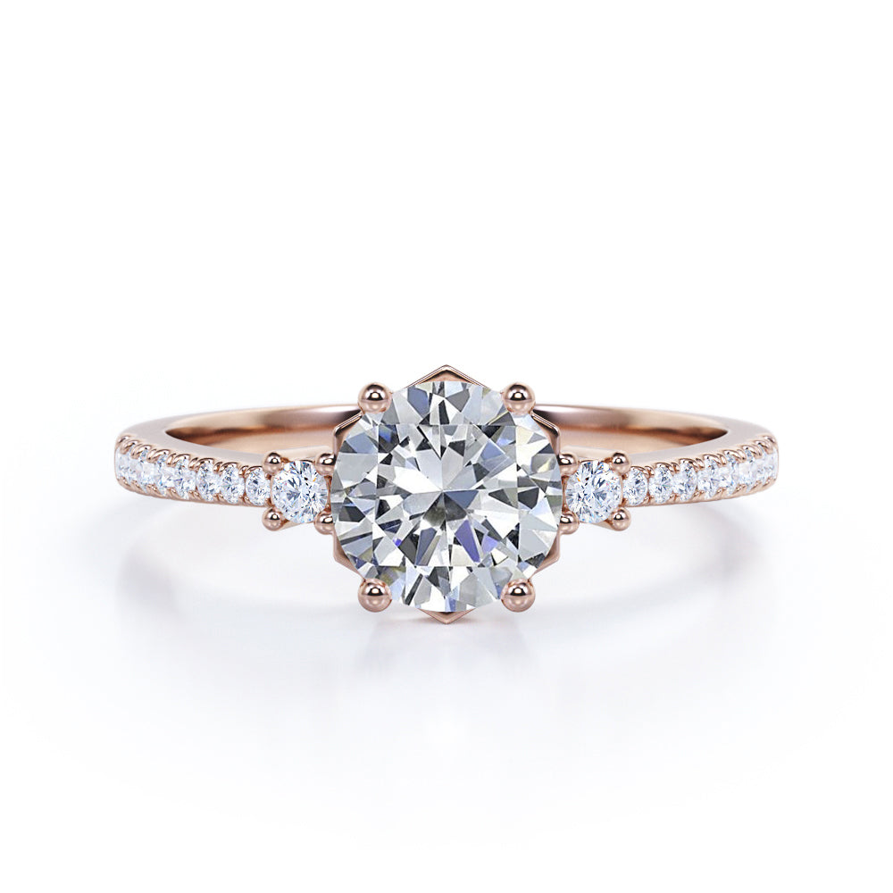 Antique Pave set 1.25 carat Round cut Moissanite and diamond 3 stone engagement ring in White gold